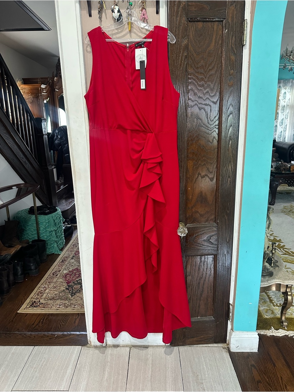 Symphony Vibrant Red Ruffle-Front Maxi Dress